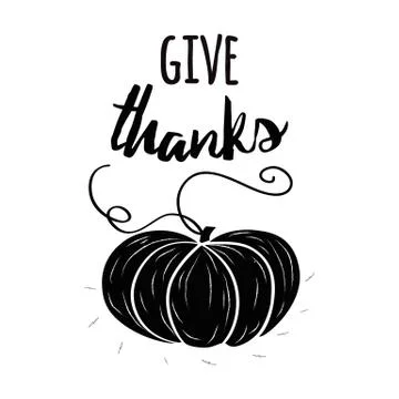 Vector print with hand drawn black pampkin and text Give Thanks on white back Stock Illustration