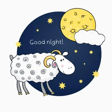 Vector print with images cute sheep on background night sky with moon and wis Stock Illustration