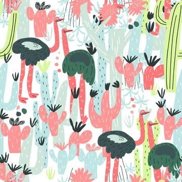 Vector print. Ostrich, cactus element of seamless pattern Stock Illustration