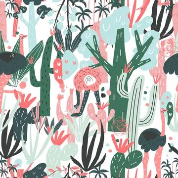 Vector print. Ostrich, cactus element of seamless pattern Illustrazione stock