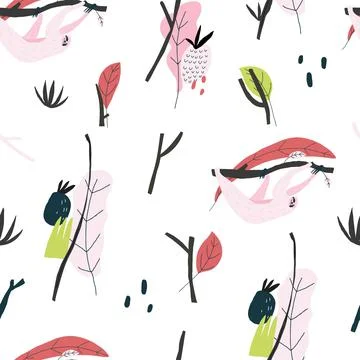 Vector print. Sloth, plants, leaves, snags seamless pattern Stock Illustration