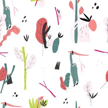 Vector print. Sloth, plants, leaves, snags seamless pattern Stock Illustration