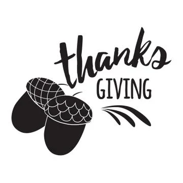Vector print with words Thanks Giving in black style decorated acorns on whit Illustrazione stock