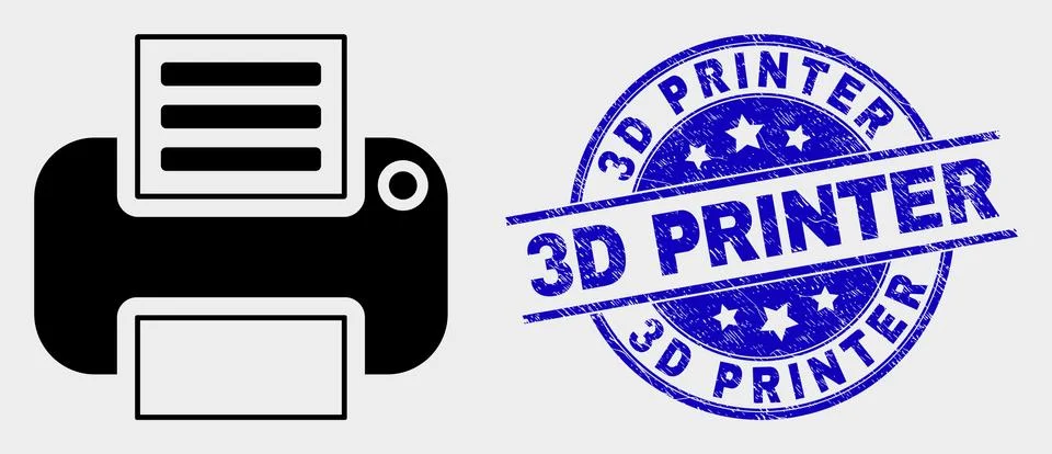 Vector Printer Icon and Distress 3D Printer Stamp Stock Illustration