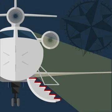 Vector private jet. open gangway, red carpet. Rose of Wind. Flat design. retro Stock Illustration