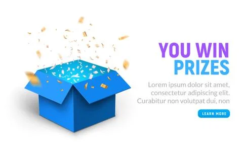 Vector prize gift box confetti explosion background. Open box winner reward 스톡 일러스트