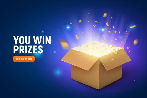 Vector prize gift box confetti explosion background. Open box winner reward Stock Illustration