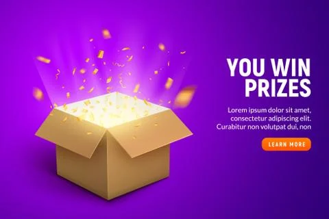 Vector prize gift box confetti explosion background. Open box winner reward 스톡 일러스트