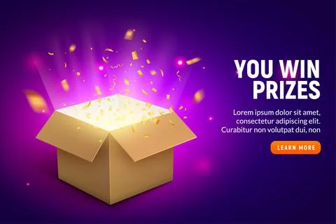 Vector prize gift box confetti explosion background. Open box winner reward 스톡 일러스트