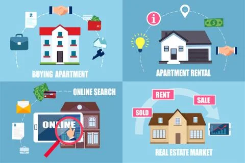 Vector of a process of buying and searching online an apartment or home Stock Illustration