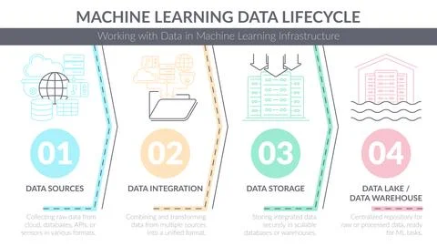 Vector process infographic illustrating the machine learning data lifecycle Stock Illustration