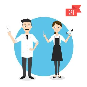 Vector profession characters: man and woman. Barber and hairdresser. Stock Illustration
