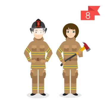 Vector profession characters: man and woman. Firefighter. Stock Illustration