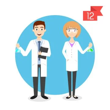 Vector profession characters: man and woman. Scientist. Stock Illustration