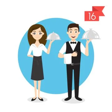 Vector profession characters: man and woman. Waiter. Stock Illustration