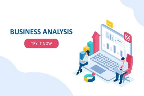 Vector of programmers working on laptop analysing internet data creating fina Stock Illustration