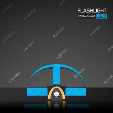 Vector promotion poster of gray head torch with blue straps and reflection on Stock Illustration