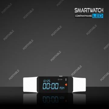 Vector promotion poster of gray smartwatch with white watchband and reflectio Stock Illustration