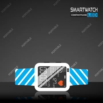 Vector promotion poster of white smart watch with striped watchband and refle Stock Illustration