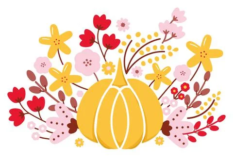 Vector Pumpkin with Folklore Florals graphic design. Isolated on white Stock Illustration