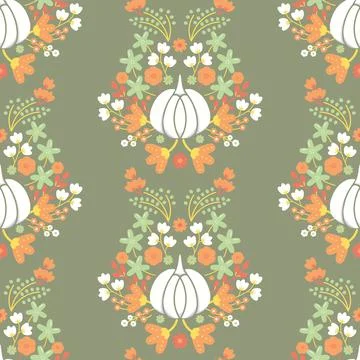 Vector Pumpkin with Folklore Florals on Sage Green seamless pattern background Stock Illustration
