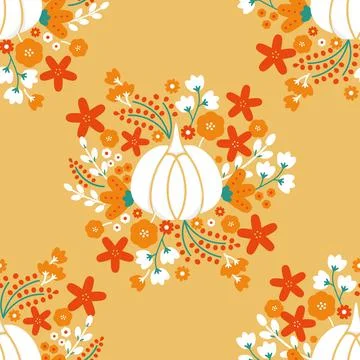 Vector Pumpkin with Folklore Florals in Warm Fall Colors seamless pattern Stock Illustration