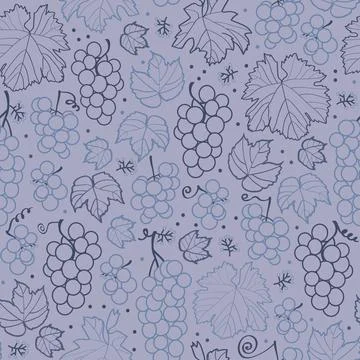 Vector purple line grapes and leafs seamless pattern print background. Stock Illustration