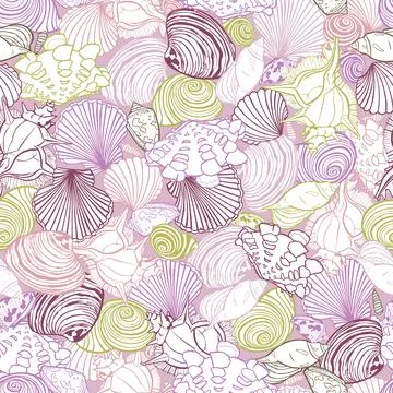 Vector purple repeat pattern with variety of overlaping seashells. Romantic p イラスト素材