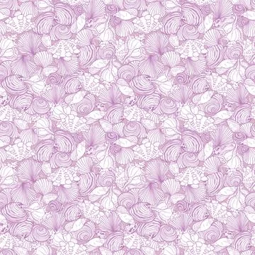 Vector purple repeat pattern with variety of small overlaping seashells. Roma Stock Illustration