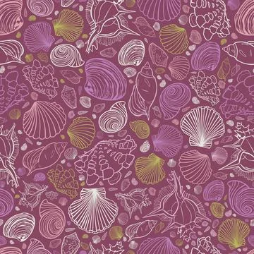 Vector purple repeat pattern with variety of seashells. Perfect for greetings 스톡 일러스트