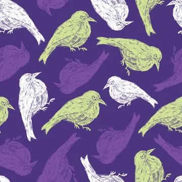 Vector purple seamless pattern with hand drawn cute fat birds made with ink.. Stock Illustration