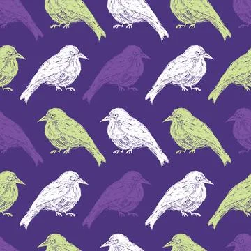 Vector purple seamless pattern with rows of hand drawn cute fat birds. Beauti Stock Illustration