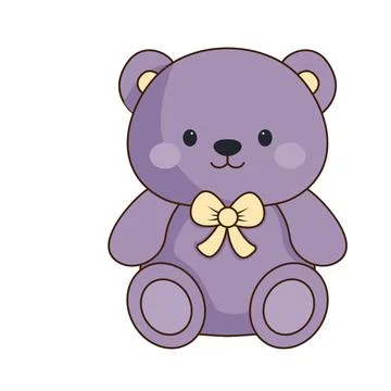 Vector purple teddy bear with open yellow bow icon. Vector wild animal toy for Stock-Illustration