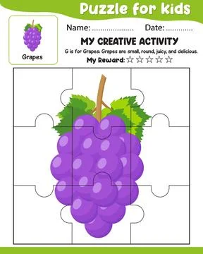 Vector Puzzle For Kids Creative Activity Sheet Learn Grapes With Matching S.. Ilustración de archivo