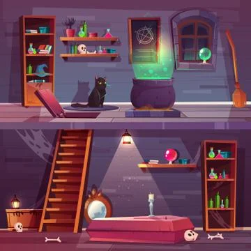 Vector quest background of witch house, cellar Stock Illustration