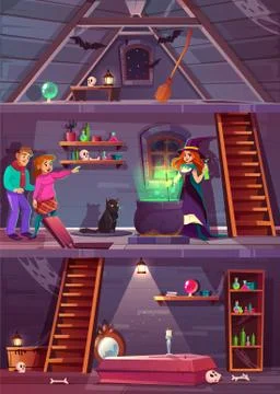 Vector quest game background. Witch house, players Stock Illustration