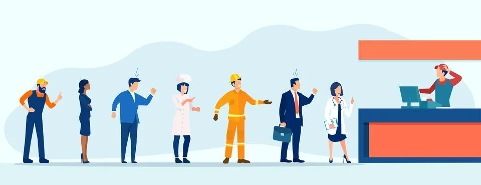 Vector of a queue of angry people of different professions standing in superm Stock Illustration