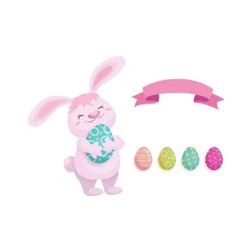 Vector rabbit with easter egg, decorated eggs set Illustrazione stock