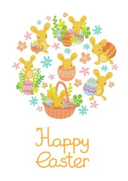 Vector rabbit, easter eggs, flowers set in circle Stockillustratie