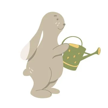Vector rabbit illustration, cute bunny with a watering can. Isolated white ba Stock Illustration