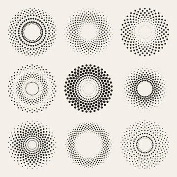 Vector Radial Gradient Halftone Sunburst Circle Shape Stippling Design Elements Illustrazione stock