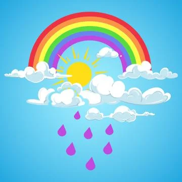 Vector rainbow and clouds with falling rain blue sky Stock Illustration