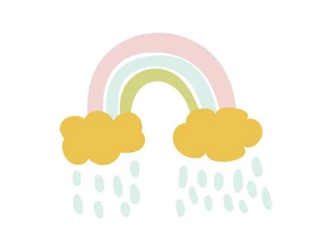 Vector rainbow with clouds and rain in cartoon scandinavian style isolated on Stock Illustration