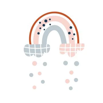 Vector rainbow with clouds and rain dots in cartoon scandinavian style isolated Stock Illustration