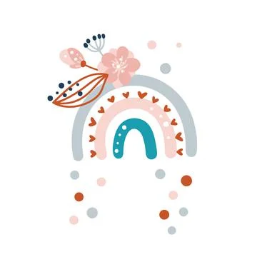 Vector rainbow with clouds and rain dots in cartoon scandinavian style summer Stock Illustration