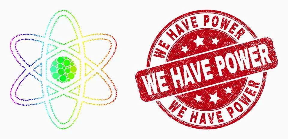 Vector Rainbow Colored Dot Atom Model Icon and Distress We Have Power Stamp Illustrazione stock