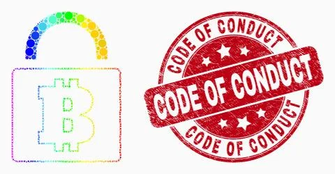 Vector Rainbow Colored Dot Bitcoin Lock Icon and Grunge Code of Conduct Stamp 스톡 일러스트