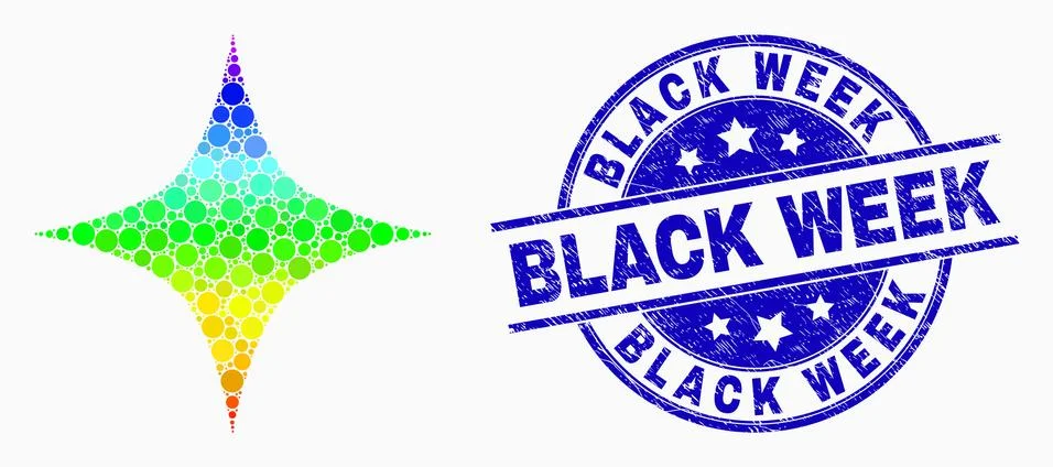 Vector Rainbow Colored Dot Black Star Icon and Distress Black Week Stamp Seal Stock Illustration