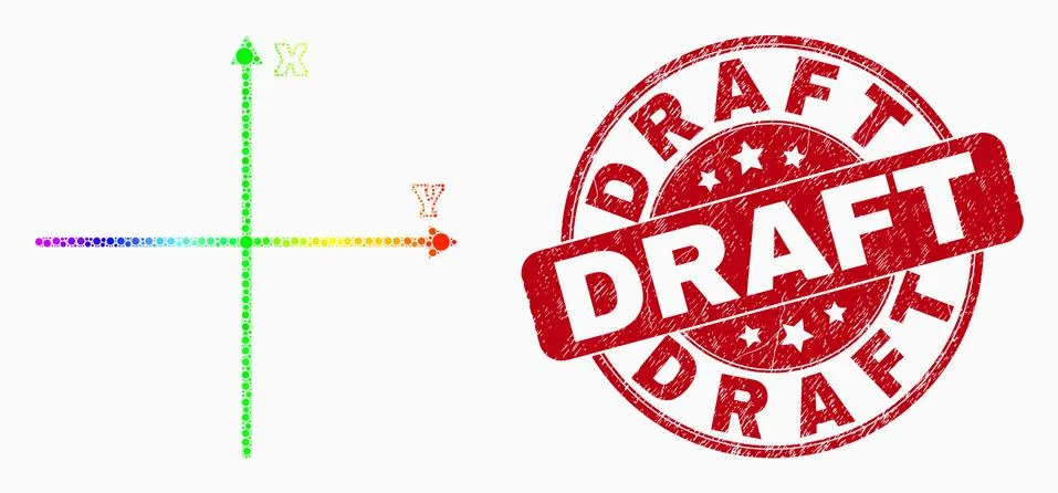 Vector Rainbow Colored Dot Cartesian Axes Icon and Distress Draft Stamp Stock Illustration