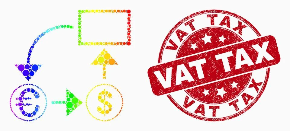 Vector Rainbow Colored Dot Currency Conversion Scheme Icon and Scratched Vat Stock Illustration